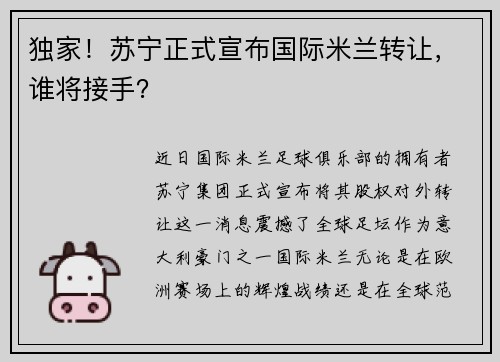 独家！苏宁正式宣布国际米兰转让，谁将接手？