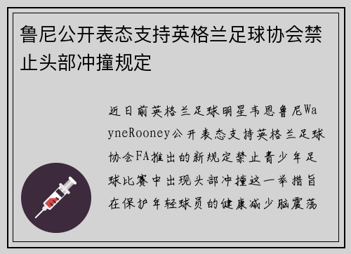 鲁尼公开表态支持英格兰足球协会禁止头部冲撞规定