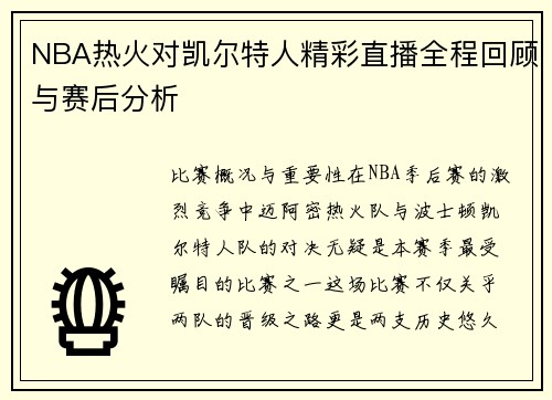 NBA热火对凯尔特人精彩直播全程回顾与赛后分析